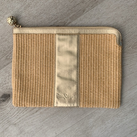 Lilly Pulitzer Southside Gold and Tan Clutch straw woven shimmer summer - Picture 3 of 12